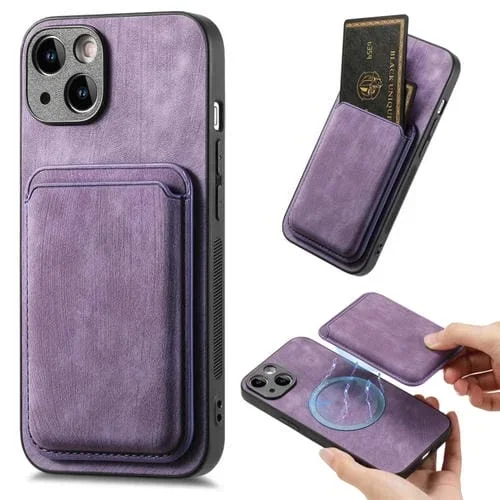 Funda Magnética para Teléfono iPhone 14 con Bolso para Tarjetas Cuero Retro (Púrpura)