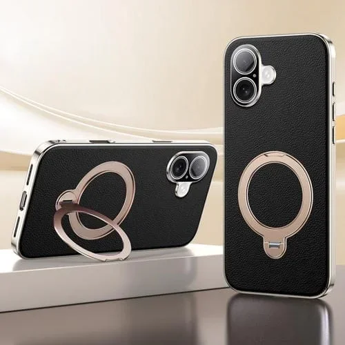 Funda MagSafe con textura de cuero y soporte giratorio de 360 grados para iPhone 17 (negro)