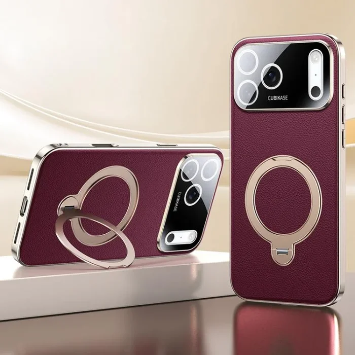 Funda MagSafe con textura de cuero y soporte giratorio de 360 grados para iPhone 17 Pro Max (roja)