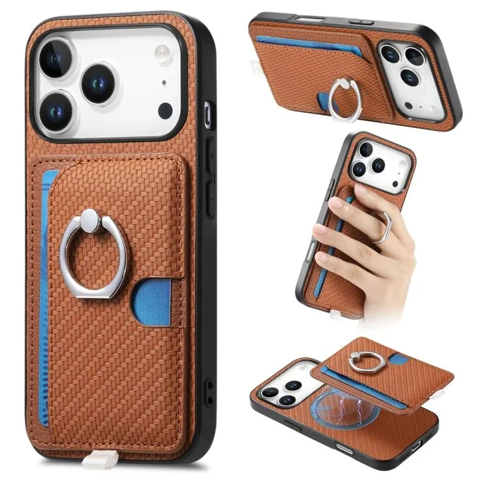 Funda MagSafe para iPhone 17 Pro con anillo lateral de fibra de carbono y ranuras para tarjetas (marrón)