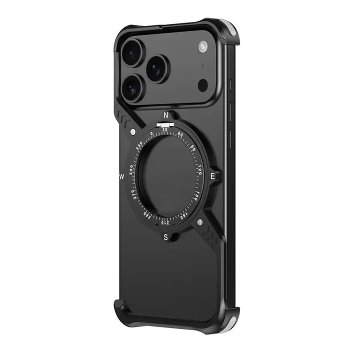 Funda metálica MagSafe sin marco para iPhone 17 Pro Max con soporte 360° en forma de S y airbag (negro)