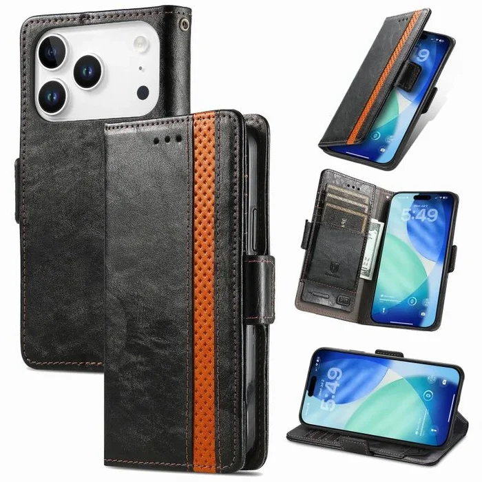 Funda Neo Splicing de cuero con doble hebilla magnética para iPhone 17 Pro (negra)