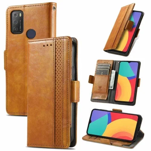 Funda para Alcatel 1S (2021) Caseno Business Cuero PU con Soporte, Billetera y Tragamonedas (Caqui)