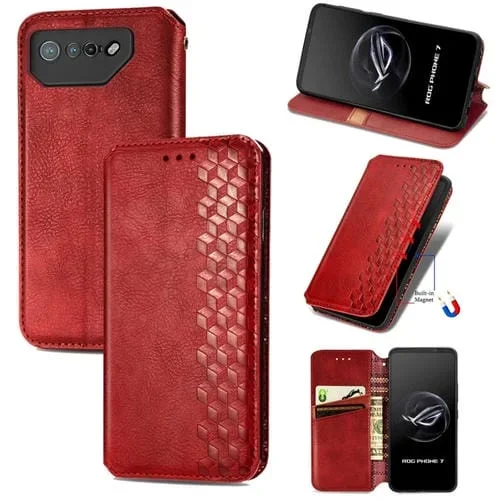 Funda para Asus Rog Phone 7 de Cuero Magnético Prensado con Rejilla Cúbica (Rojo)
