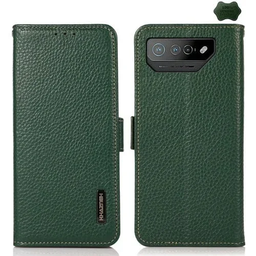 Funda para Asus Rog Phone 7 Khazneh Side-Magnetic Litchi Cuero Genuine Leather Rfid (Verde)