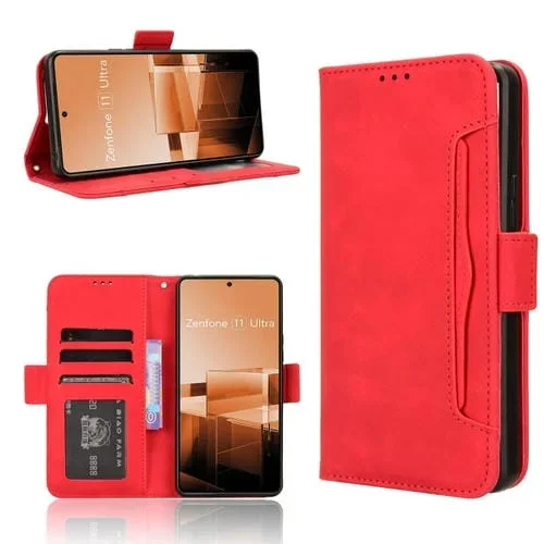 Funda para Asus Zenfone 11 Ultra Skin Feel con Textura de Becerro y Ranuras para Tarjetas (Rojo)