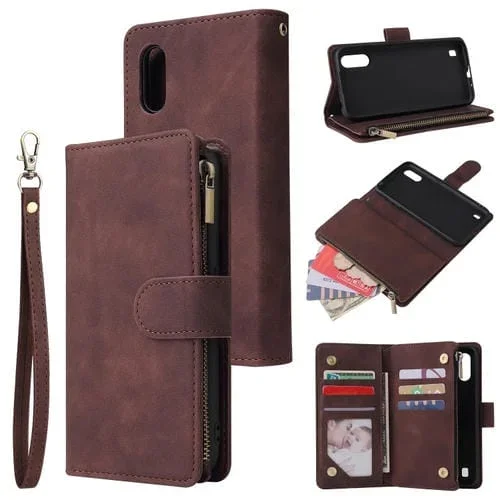 Funda para Galaxy A01 Cuero Tapa Horizontal Multifuncional Ranura Tarjeta Soporte Billetera Cremallera Marco Fotos (Café)
