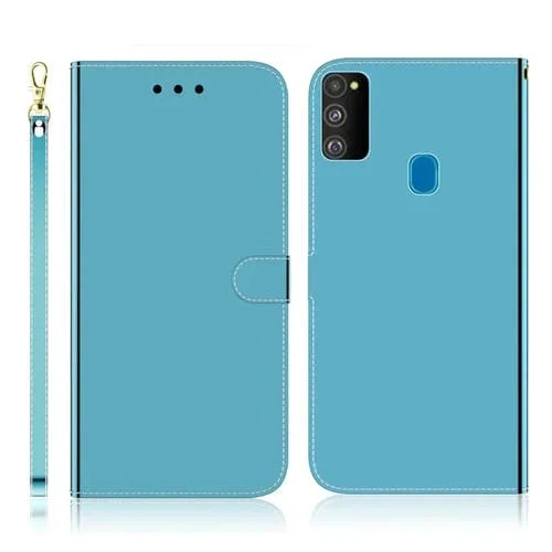 Funda para Galaxy M30S Cuero Tapa Horizontal Espejo Soporte Ranuras Tarjetas Billetera Cordón (Azul)