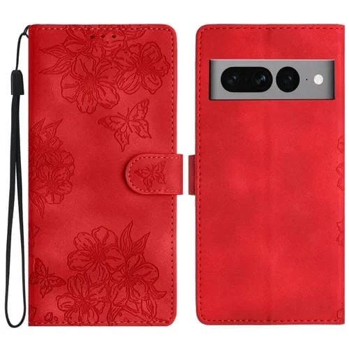 Funda para Google Pixel 7 Pro 5G Cherry Blossom Butterfly Skin Feel en PU Relieve (Rojo)