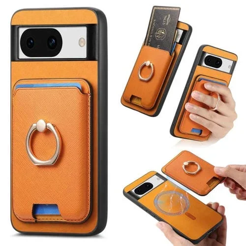 Funda para Google Pixel 8A con Ranuras para Tarjetas y Anillo de Cuero Retro (Amarillo)