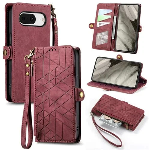 Funda para Google Pixel 8A de Cuero con Hebilla Lateral y Billetera con Cremallera Geométrica (Rojo)