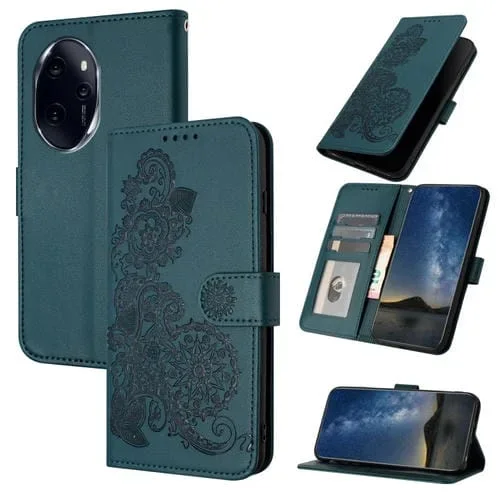 Funda para Honor 100 Pro Datura Flower de Cuero con Tapa en Relieve (Verde Oscuro)