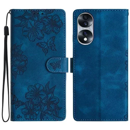 Funda para Honor 70 de PU con Sensación de Piel Mariposa y Flor de Cerezo en Relieve (Azul)