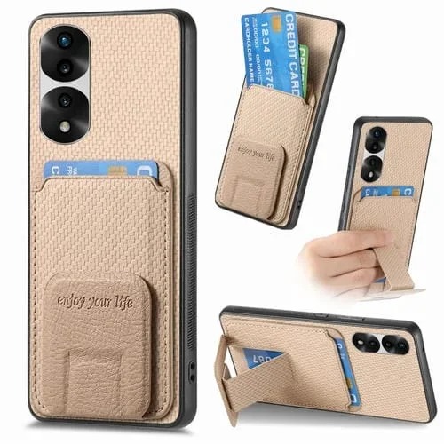 Funda para Honor 70 Pro con Soporte Plegable y Bolsa para Tarjetas de Fibra de Carbono (Caqui)