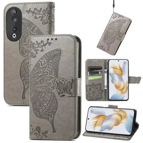 Funda para Honor Play 40C y X5 Plus de Cuero con Relieve Flor y Mariposa (Gris)