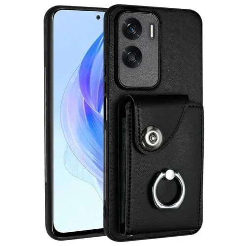 Funda para Honor X50I y 90 Lite de PU con Soporte para Anillo y Bolsa para Tarjeta (Negro)