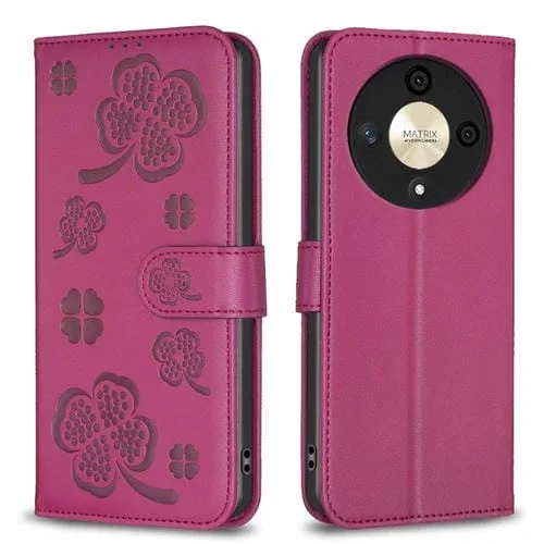 Funda para Honor X9B y Magic6 Lite 5G de Cuero con Relieve de Cuatro Hojas (Rojo Rosa)