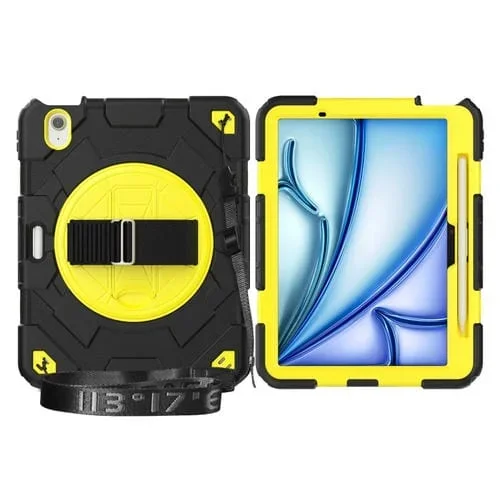 Funda para iPad Air 11 2024 con Soporte Giratorio y Agarre Manual Tipo Araña (Negro y Amarillo)