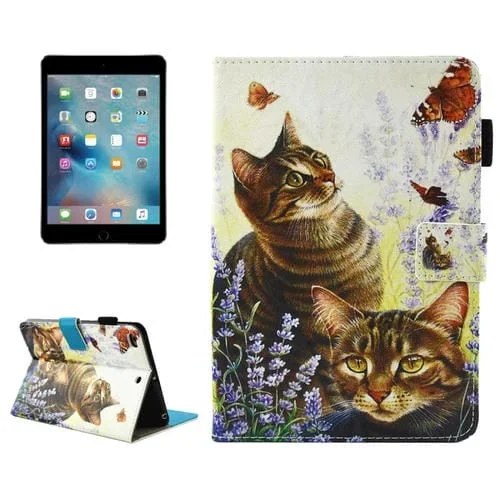 Funda para iPad Mini 4/3/2/1 Cuero con Tapa Horizontal Soporte Billetera Ranuras Tarjetas Suspensión Ranura Bolígrafo (Patrón Gatos y Mariposas)