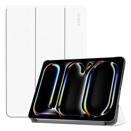 Funda para iPad Pro 11 Enkay Cuero Sintético Textura Tres Pliegues (2024) (Blanco)