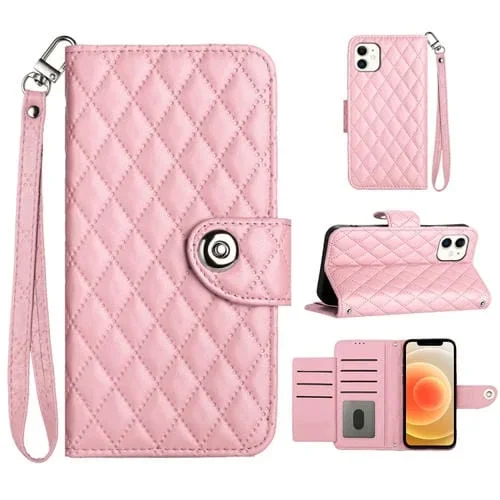 Funda para iPhone 11 Cuero con Tapa Textura Rómbica y Cordón (Rosa)