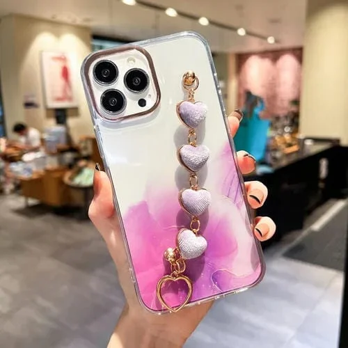 Funda para iPhone 11 Gold Halo Marble Pattern con Pulsera Love (Púrpura)