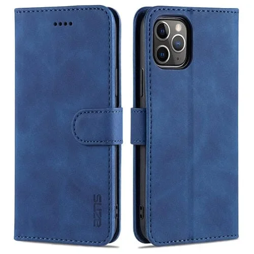 Funda para iPhone 11 Pro Azns Skin Feel Calf Texture Cuero con Tapa Horizontal Ranuras para Tarjetas Soporte Billetera (Azul)
