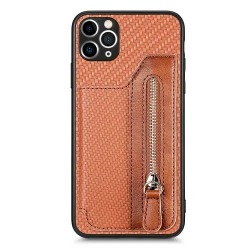 Funda para iPhone 11 Pro Carbon Fiber Horizontal Flip Zipper Wallet Phone Case (Marrón)