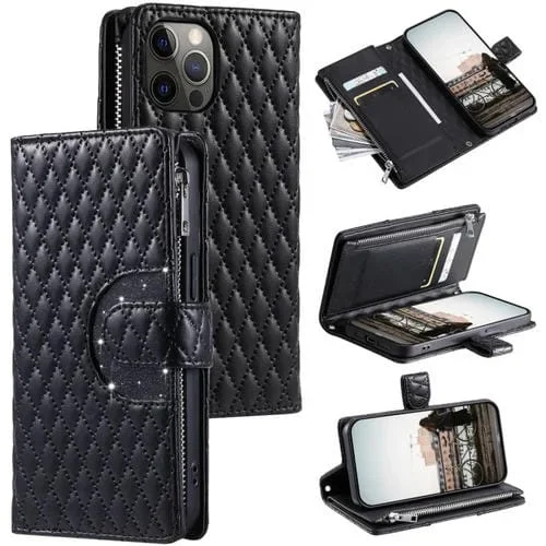 Funda para iPhone 11 Pro Glitter Lattice Zipper Wallet de Cuero para Teléfono (Negro)