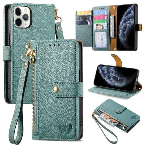 Funda para iPhone 11 Pro Love Zipper Lanyard de Cuero para Teléfono (Verde)