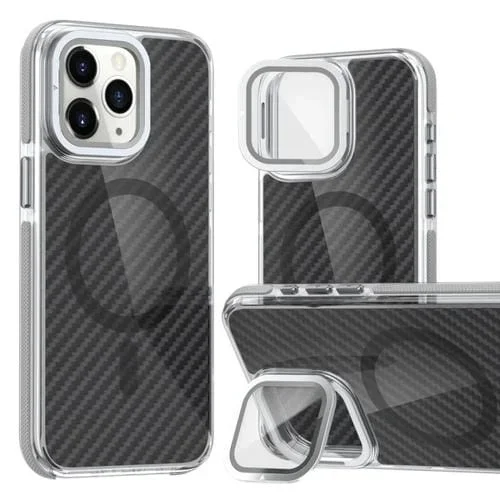Funda para iPhone 11 Pro Max Fibra de Carbono Dos Colores Magsafe Soporte Plegable (Gris)