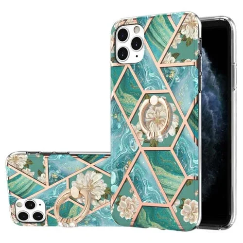 Funda para iPhone 11 Pro Max TPU Galvanoplastia Patrón Flor Mármol Soporte Anillo (Azul)