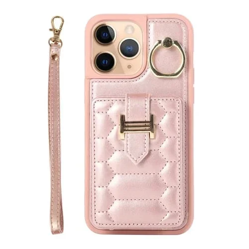 Funda para iPhone 11 Pro Vertical Card Bag Ring Holder con Doble Cordón (Oro Rosa)