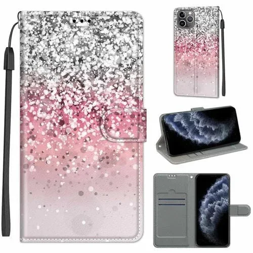 Funda para iPhone 11 Pro Voltaje Dibujo a Color Cierre Magnético Cuero PU Tapa Horizontal Soporte Ranuras Tarjetas (Silver Pink Glitter)