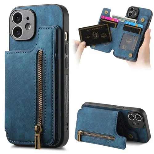 Funda para iPhone 12 Cuero Retro con Cremallera y Billetera (Azul)
