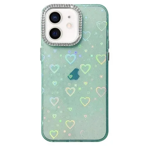 Funda para iPhone 12 Love Pattern Diamond Lens Frame IMD Acrílico (Verde)