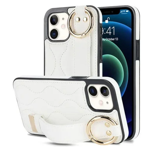 Funda para iPhone 12 Mini Antideslizante de PU con Anillo y Muñequera (Blanco)