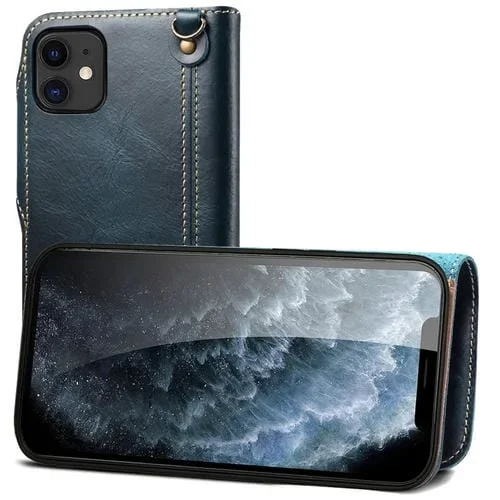 Funda para iPhone 12 Mini Denior Oil Wax Cowhide Botón Magnético Cuero Genuino (Azul Oscuro)