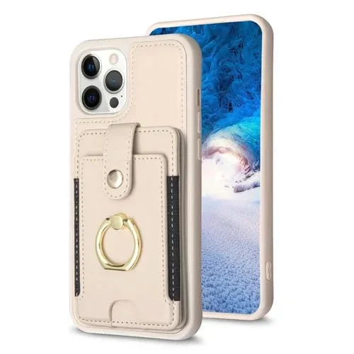 Funda para iPhone 12 Pro Max Bf27 Anillo de Metal Tarjeta Bolsa Titular Caja del Teléfono (Beige)
