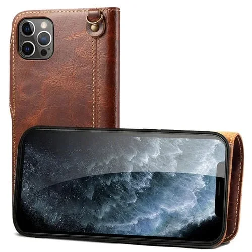 Funda para iPhone 12 Pro Max Denior Oil Wax Cowhide Botón Magnético Cuero Genuino (Marrón)