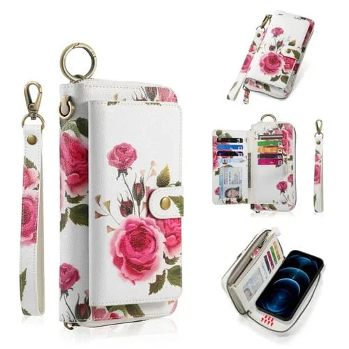 Funda para iPhone 12 Pro Max Pola Magsafe Flower Cuero con Billetera y Cremallera Multifuncional (Beige)