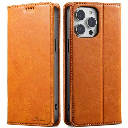 Funda para iPhone 12 Pro Max Suteni J02 Cuero con Billetera de Cera de Aceite (Caqui)