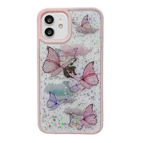 Funda para iPhone 12 Pro Max TPU Phone Case Color Butterfly Glitter Epoxy (Rosa)