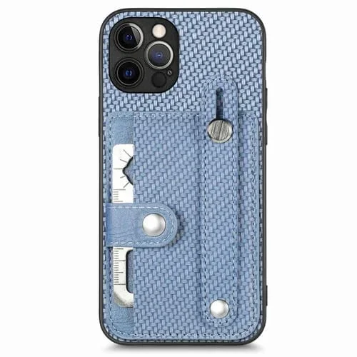 Funda para iPhone 12 Pro Max Wristband Kickstand Card Wallet Back Cover con Tool Knife (Azul)