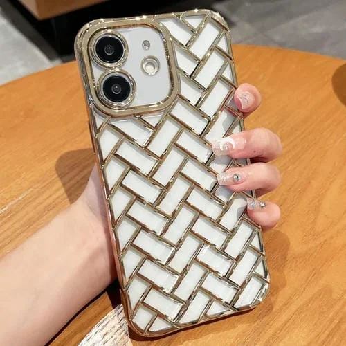 Funda para iPhone 12 Woven Grid 3D Galvanoplastia Grabado Láser (Oro)