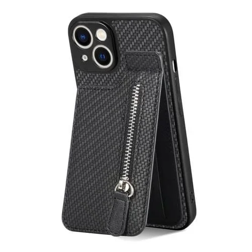 Funda para iPhone 13 Mini con Cremallera Vertical de Fibra de Carbono (Negro)