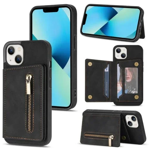 Funda para iPhone 13 Mini con Cremallera y Tarjetero (Negro)