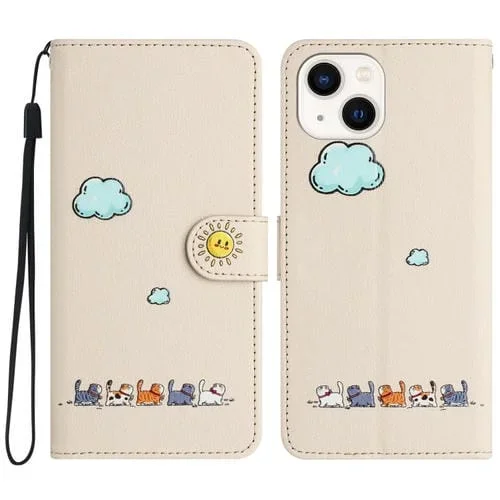 Funda para iPhone 13 Mini Cuero con Gatos de Dibujos Animados (Beige Blanco)