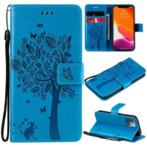 Funda para iPhone 13 Mini Cuero de PU Patrón Árbol y Gato con Tapa Horizontal Soporte Ranuras Tarjetas Billetera Cordón (Azul)