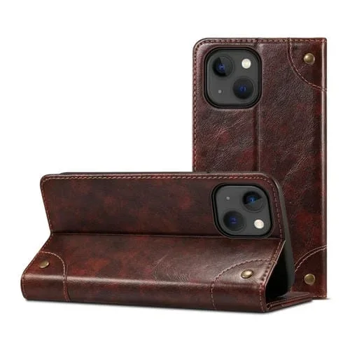 Funda para iPhone 13 Mini Cuero Tapa Horizontal Barroca Soporte Ranuras Tarjetas Billetera (Marrón Oscuro)